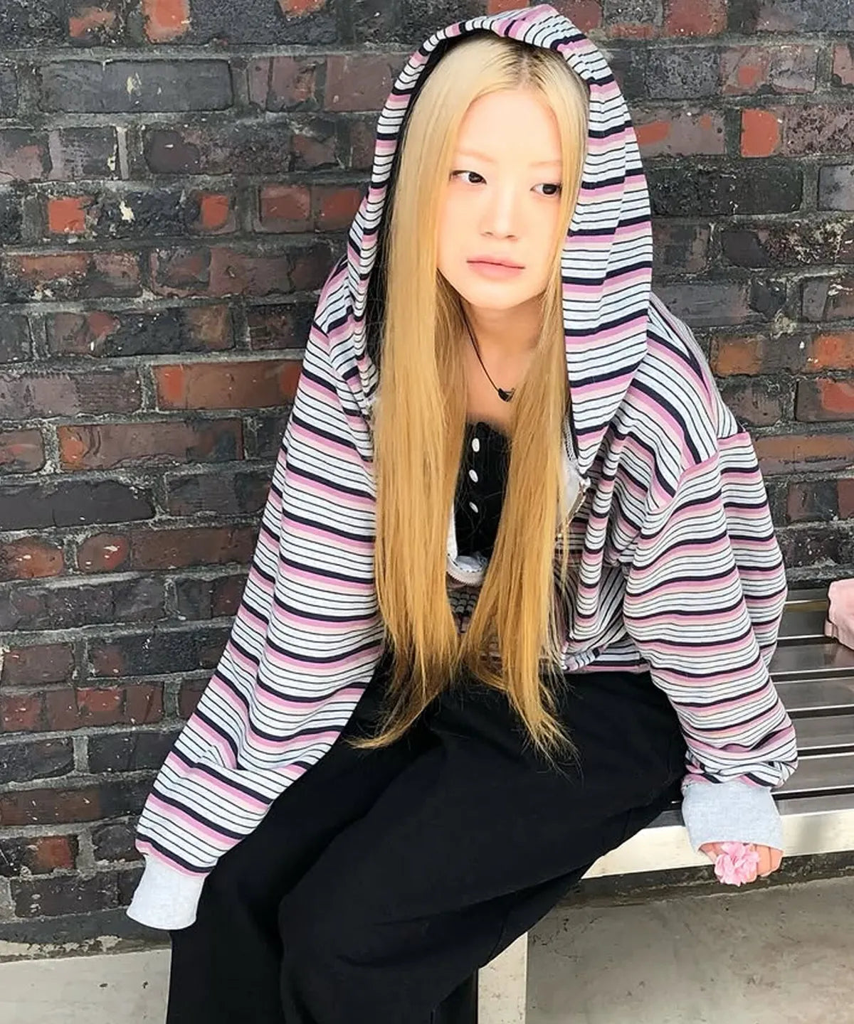 【niceghostclub】stripe 3star hoodie zip up [ pink / green ]