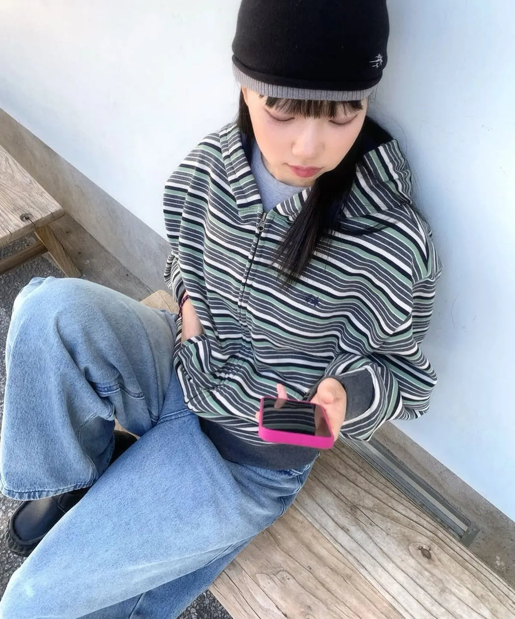 【niceghostclub】stripe 3star hoodie zip up [ pink / green ]