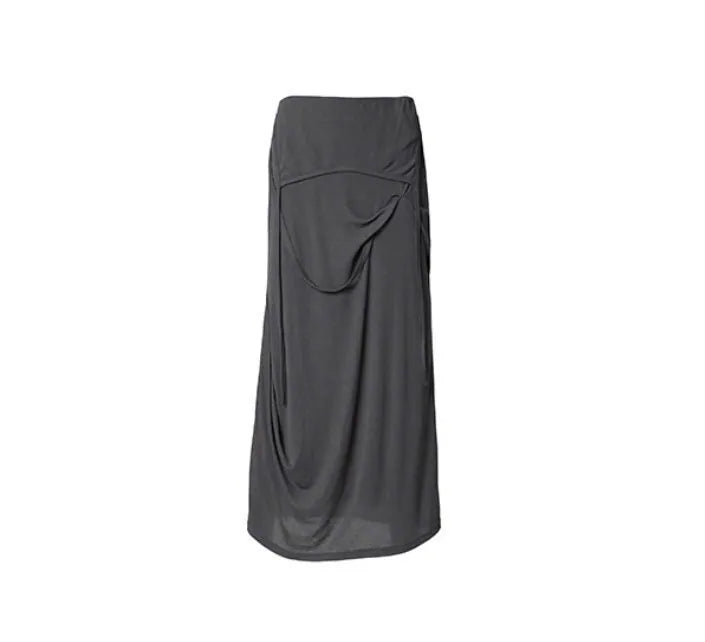 【Flare up】 Asymmetrical Draped Long Skirt [Black / Charcoal]