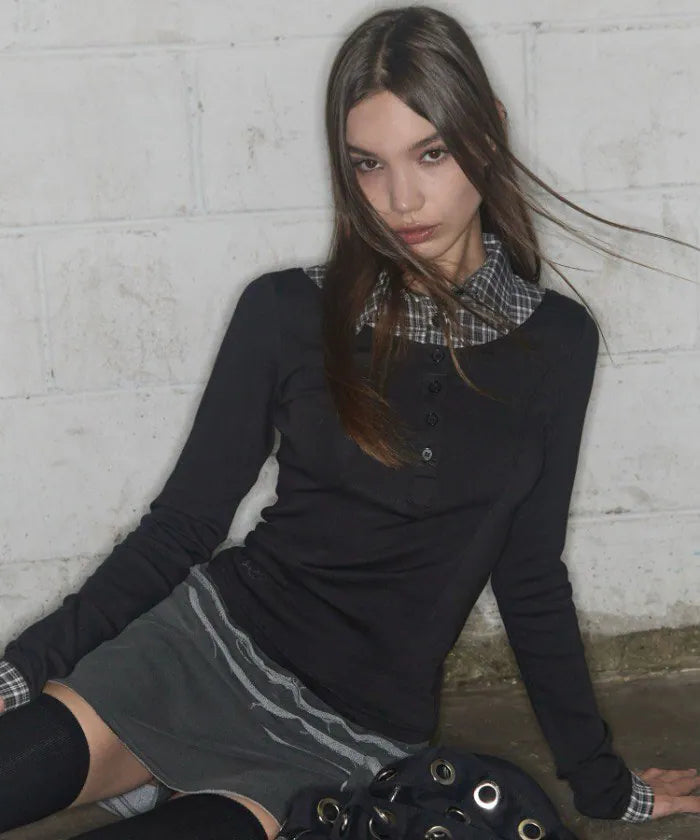 【Fancy Club】SHIRT LAYERED LONG SLEEVE [Gray / Black / Charcoal]