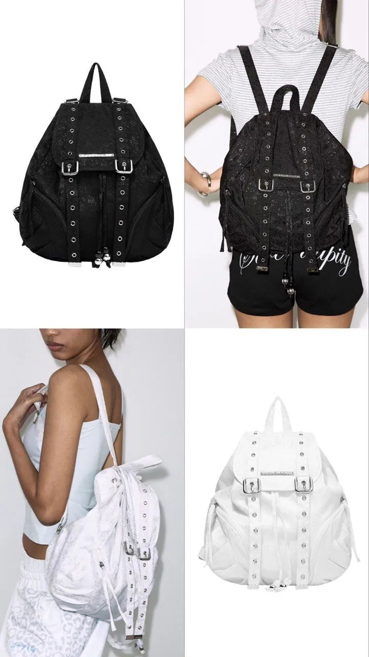 【Fancy Club】SATIN EYELET BACKPACK [White / Black]