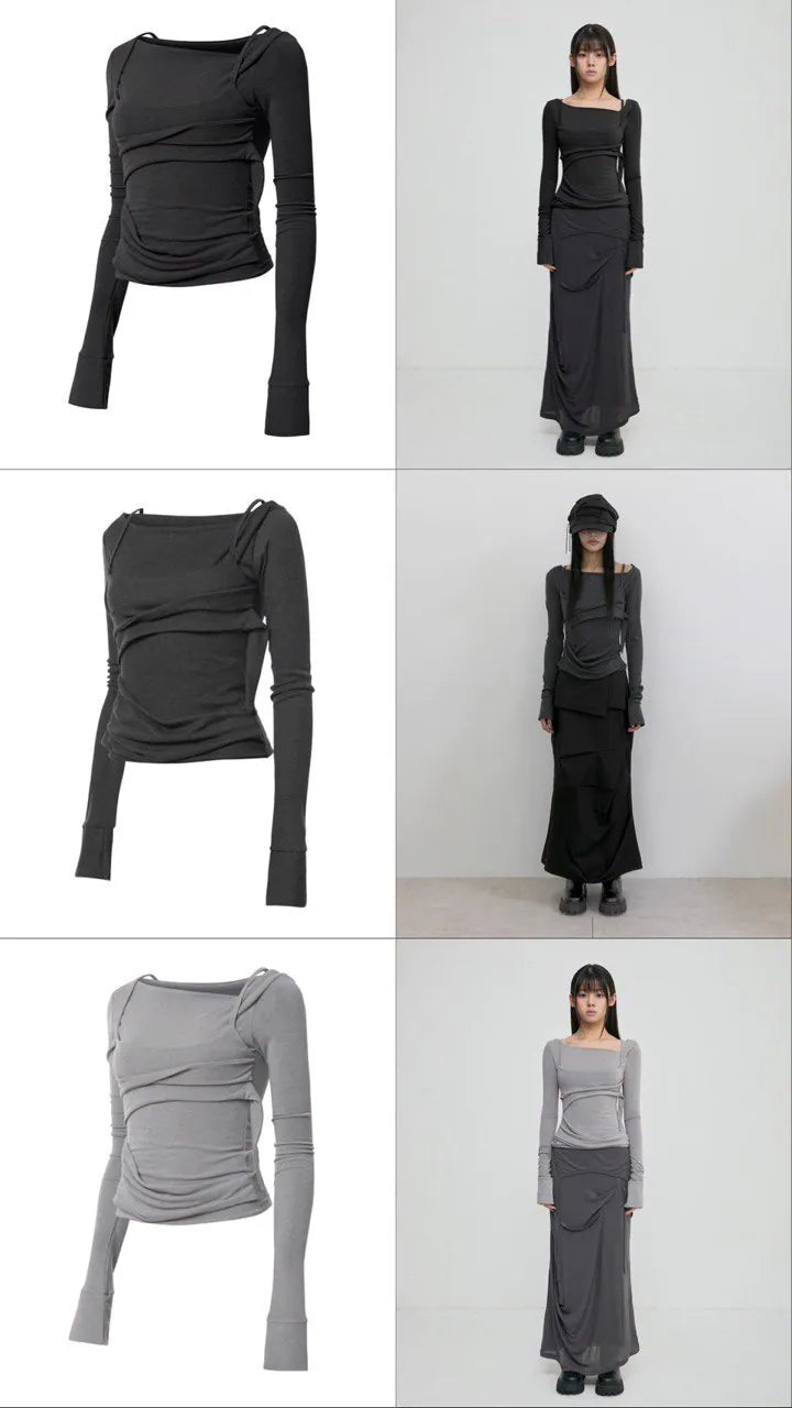 【Flare up】Layered Bustier Long Sleeve [Black / Grey / Charcoal / White]