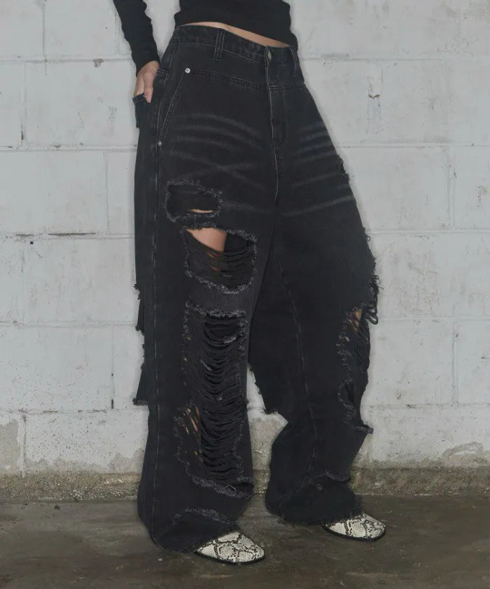 【Fancy Club】 WASHED DAMAGE DENIM PANTS [Black / Gray]