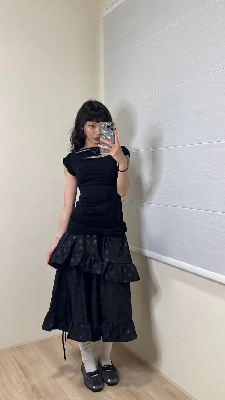 【Flare up】Asymmetrical Draped Strap Roll-Up Dress [Black / White / Gray]