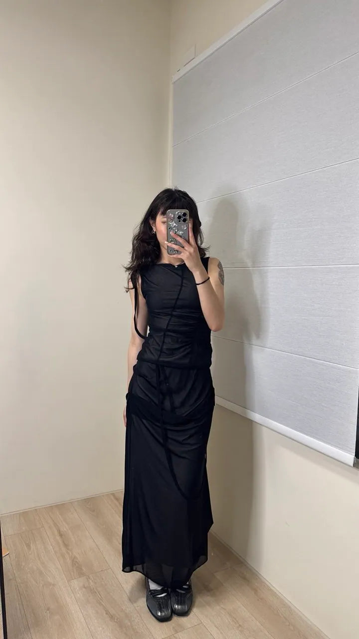 【Flare up】Draped Mesh Layered Sleeveless [Black / Gray]