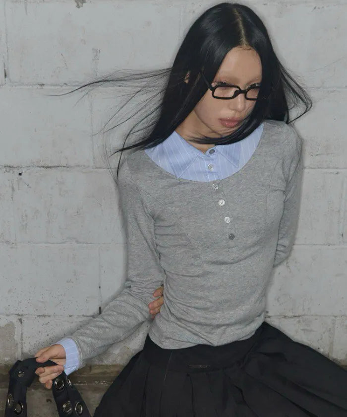 【Fancy Club】SHIRT LAYERED LONG SLEEVE [Gray / Black / Charcoal]