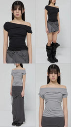 【Flare up】Draped Top [Black / White / Gray]