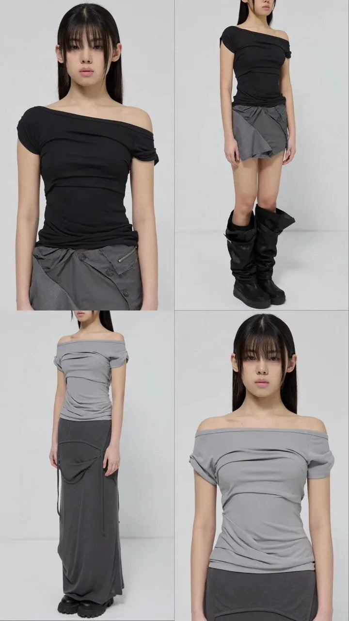 【Flare up】Draped Top [Black / White / Gray]