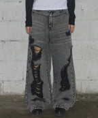 【Fancy Club】 WASHED DAMAGE DENIM PANTS [Black / Gray]