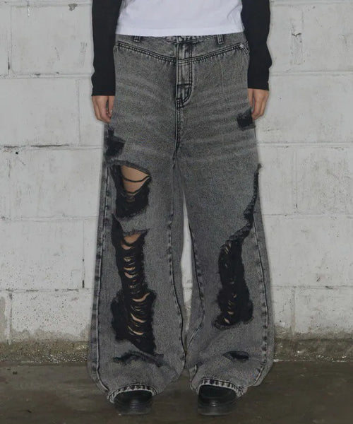 【Fancy Club】 WASHED DAMAGE DENIM PANTS [Black / Gray]