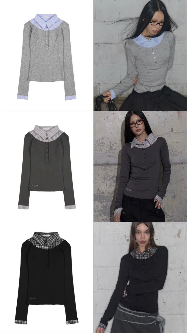 【Fancy Club】SHIRT LAYERED LONG SLEEVE [Gray / Black / Charcoal]