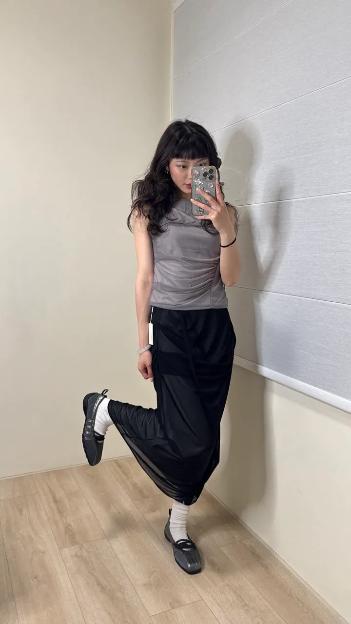 【Flare up】Draped Mesh Layered Sleeveless [Black / Gray]