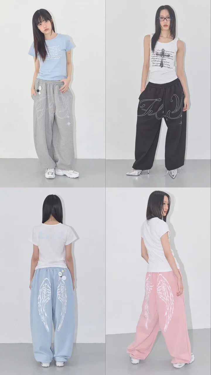 【Fancy Club】 ANGEL VINTAGE SWEATPANTS [Black / Blue / Gray / Pink]