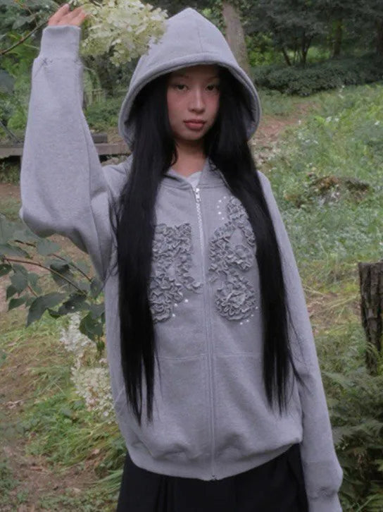 【Flare up】Ruffle Zip Hoodie  [Black / Gray / Dark gray / Cream]