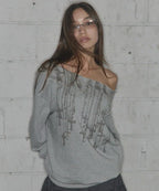【Fancy Club】NECKLISS ONE-SHOULDER SWEATSHIRT [Gray / Black]