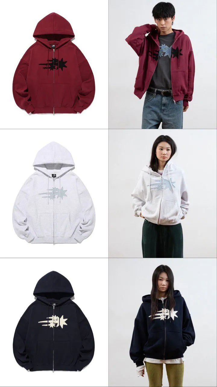 【niceghostclub】3STAR APPLIQUE HOODIE ZIP UP [NAVY / WHITE / BURGUNDY]