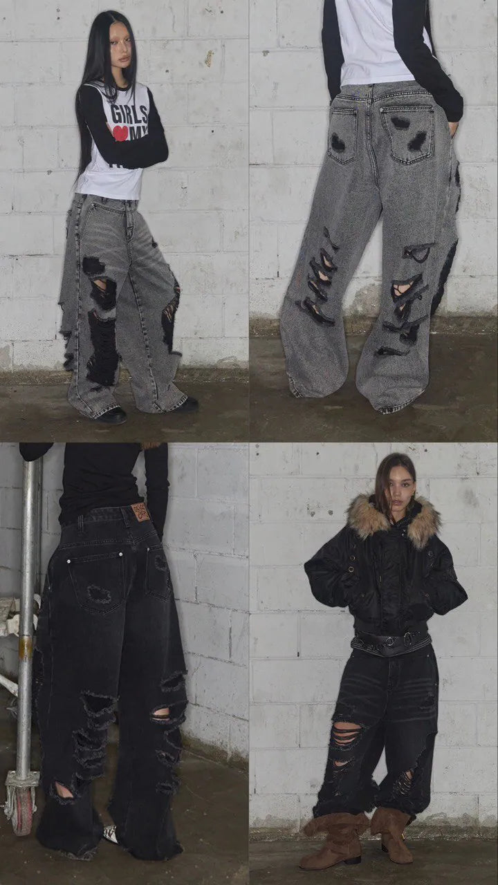 【Fancy Club】 WASHED DAMAGE DENIM PANTS [Black / Gray]