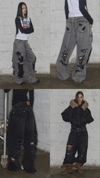 【Fancy Club】 WASHED DAMAGE DENIM PANTS [Black / Gray]