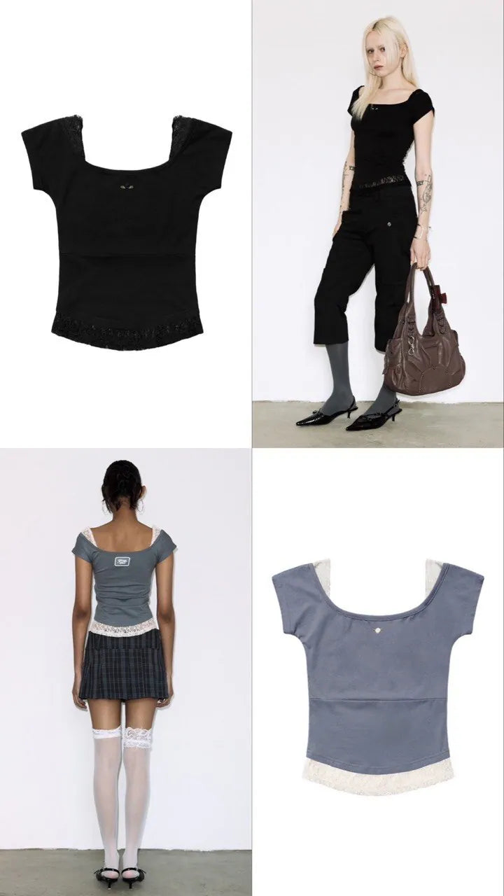 【Fancy Club】LACE SQUARE NECK TOP [Baby blue / Black]