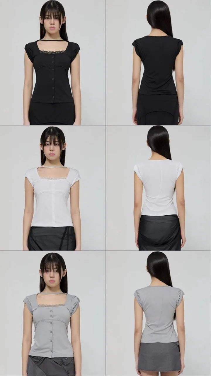 【Flare up】Lace Sleeve Top [Black / White / Gray]