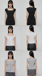 【Flare up】Lace Sleeve Top [Black / White / Gray]