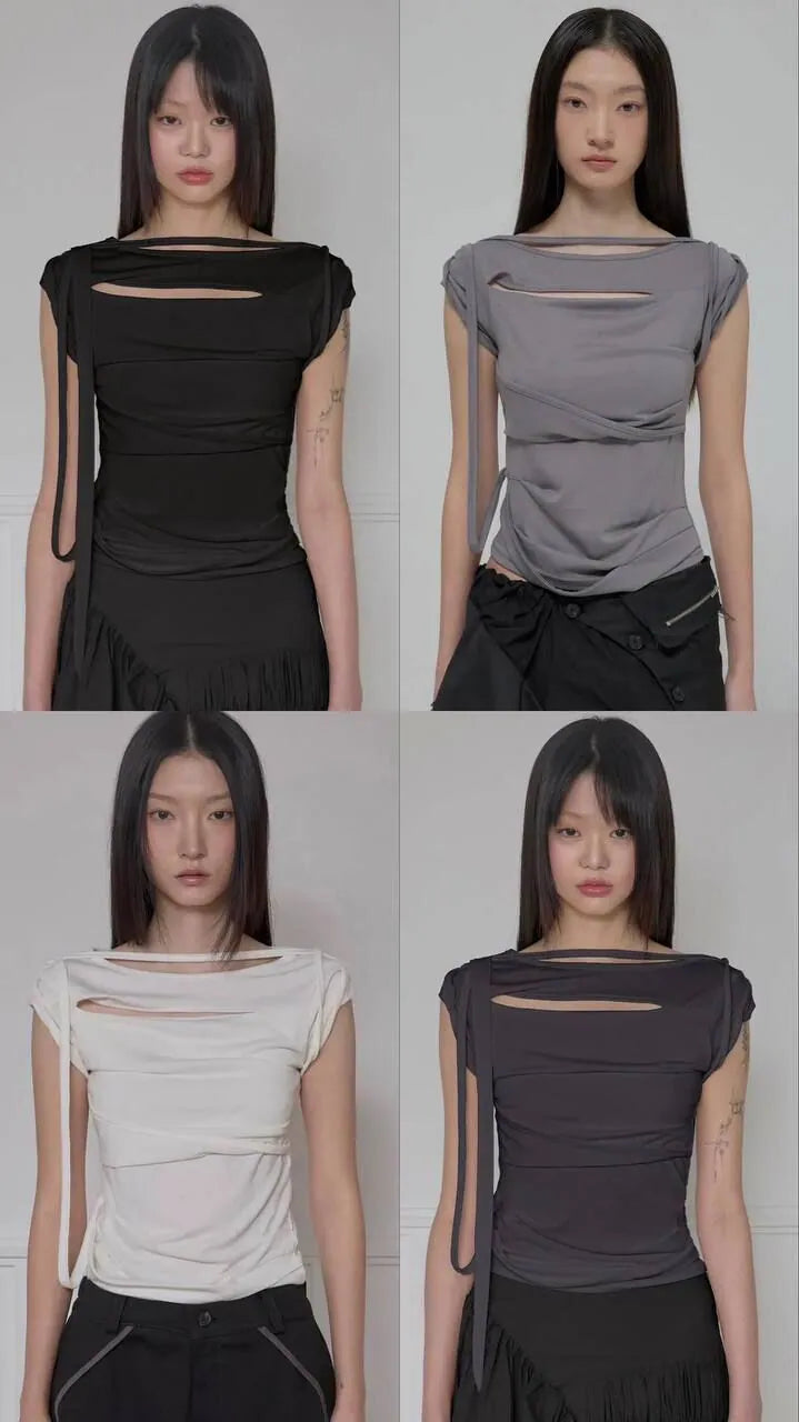 【Flare up】Asymmetrical Draped Strap Roll-Up T-Shirt [4 colors]