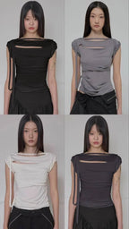 【Flare up】Asymmetrical Draped Strap Roll-Up T-Shirt [4 colors]