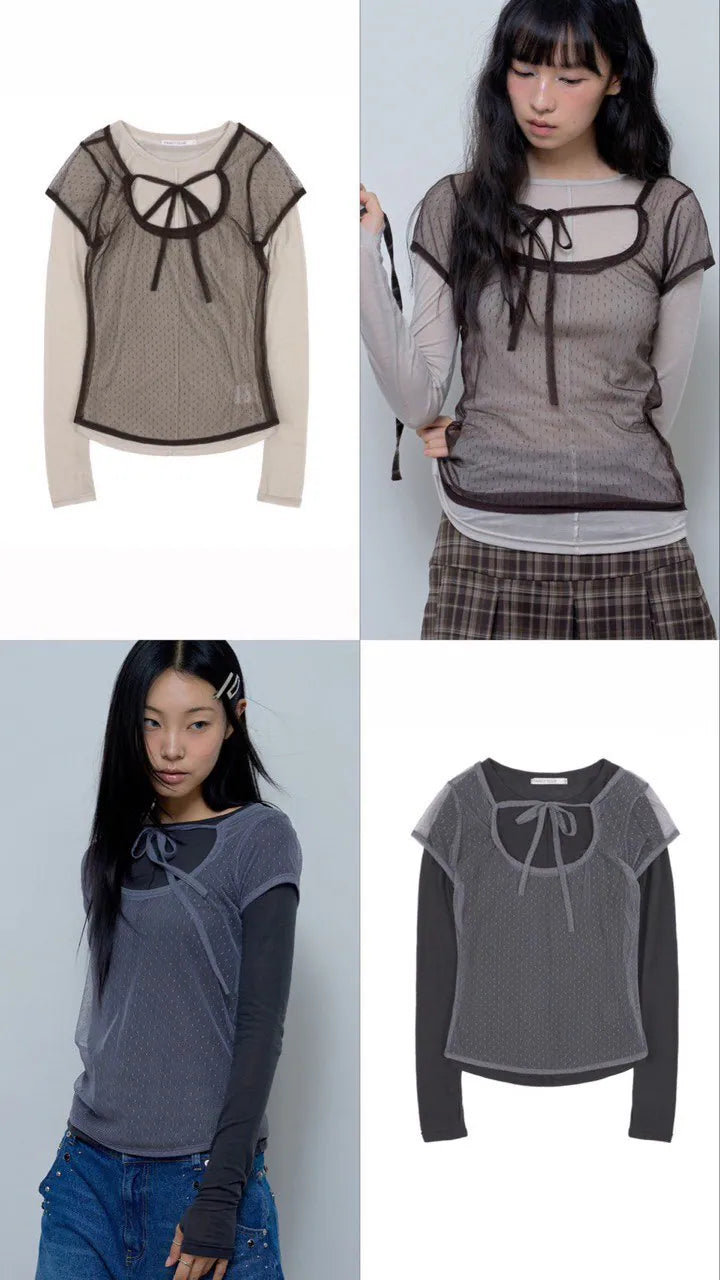 【Fancy Club】3-WAY DOT LAYERED LONG SLEEVE [Beige / Gray]