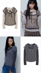 【Fancy Club】3-WAY DOT LAYERED LONG SLEEVE [Beige / Gray]