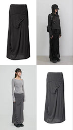【Flare up】 Asymmetrical Draped Long Skirt [Black / Charcoal]