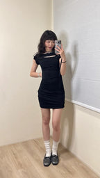 【Flare up】Asymmetrical Draped Strap Roll-Up Dress [Black / White / Gray]
