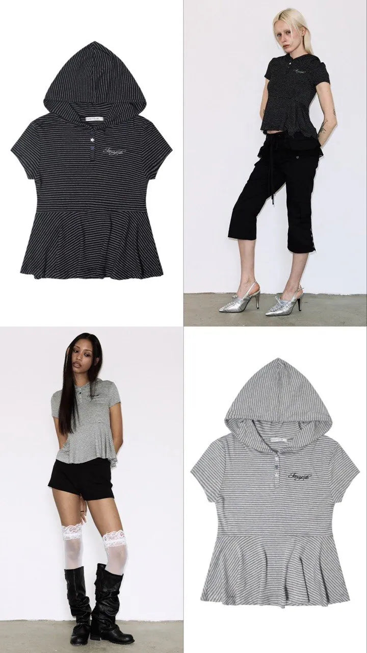 【Fancy Club】STRIPE HOOD FLARE TOP [Black / Gray]