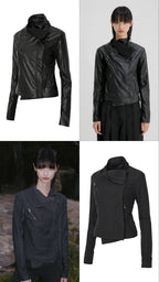 【Flare up】Asymmetrical Biker Leather Jacket [Leather / Black]