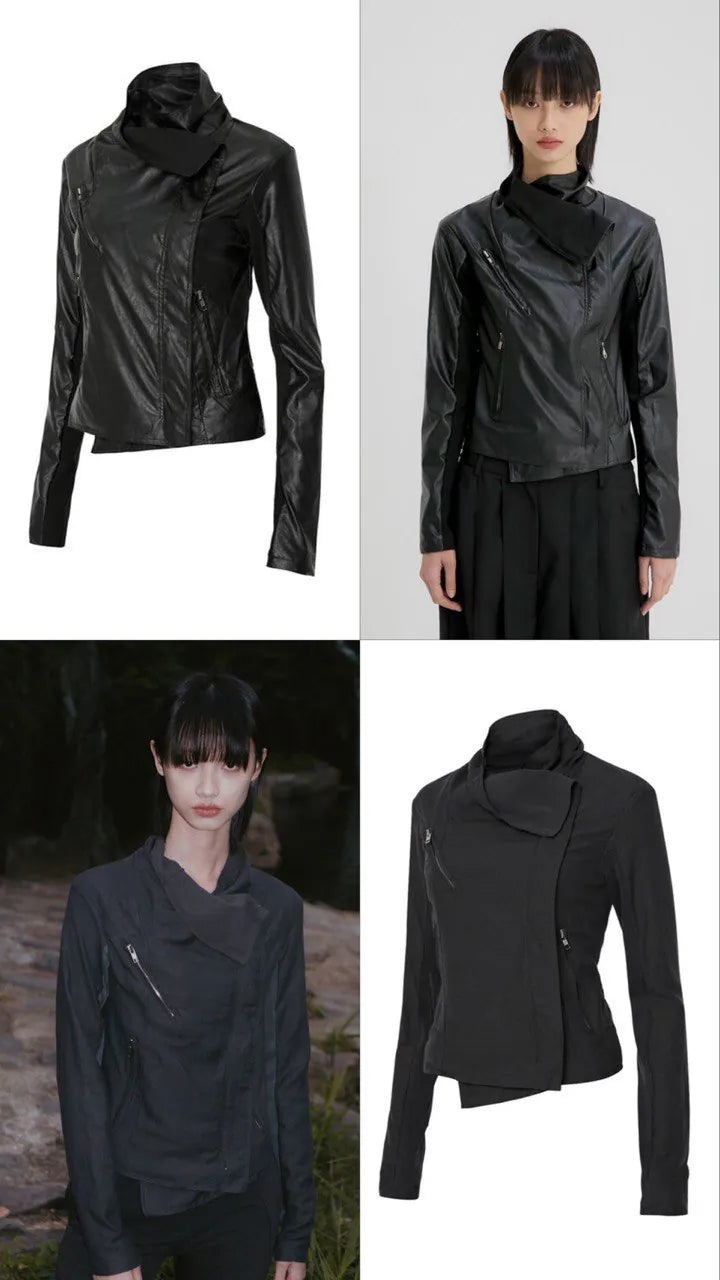 【Flare up】Asymmetrical Biker Leather Jacket [Leather / Black]