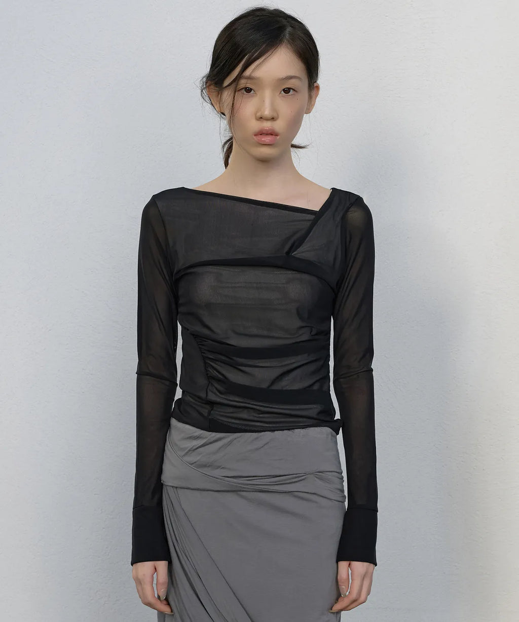 【Flare up】Draped Mesh Layered Long Sleeve  - 2 colors