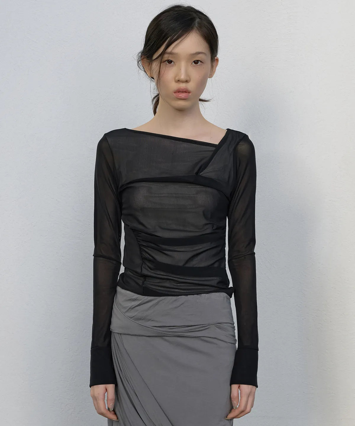 【Flare up】Draped Mesh Layered Long Sleeve  - 2 colors