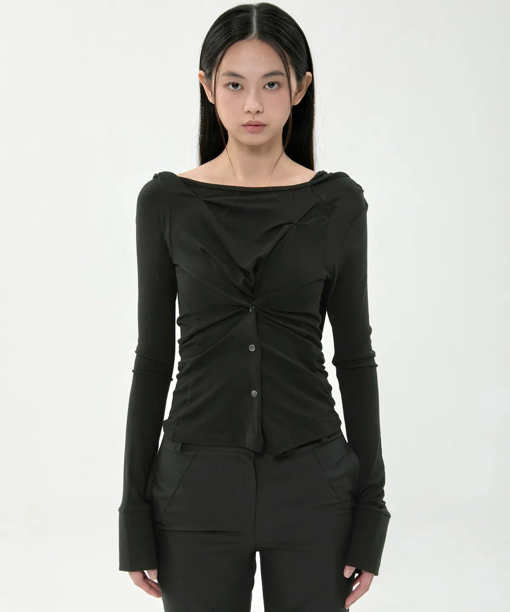 【Flare up】Asymmetrical Snap Long Sleeve Hoodie - 2 colors