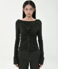 【Flare up】Asymmetrical Snap Long Sleeve Hoodie - 2 colors