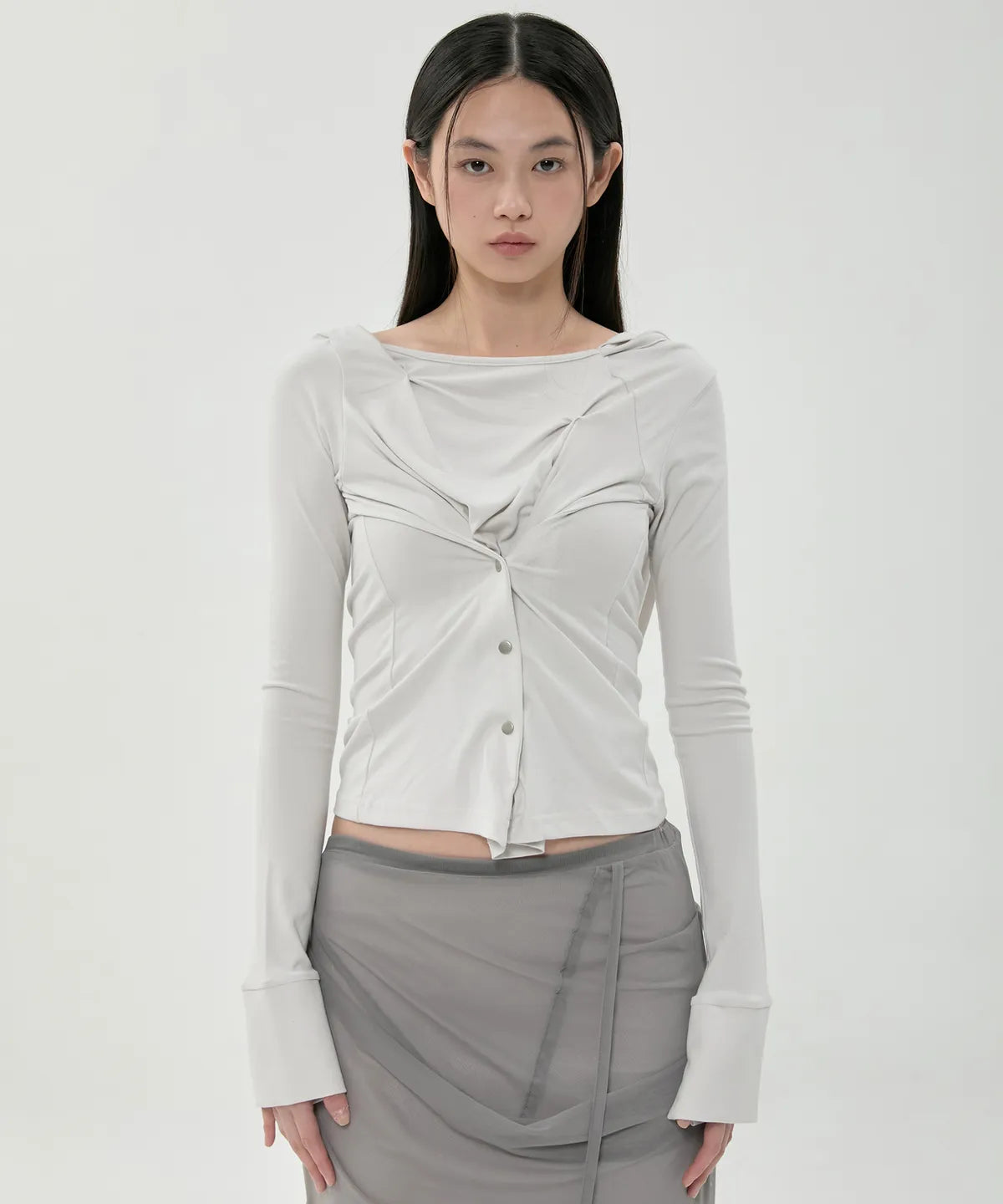 【Flare up】Asymmetrical Snap Long Sleeve Hoodie - 2 colors