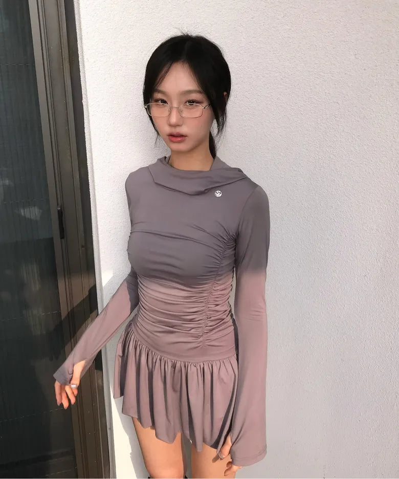 【Flare up】Hooded High Neck Long Dress - 3 colors