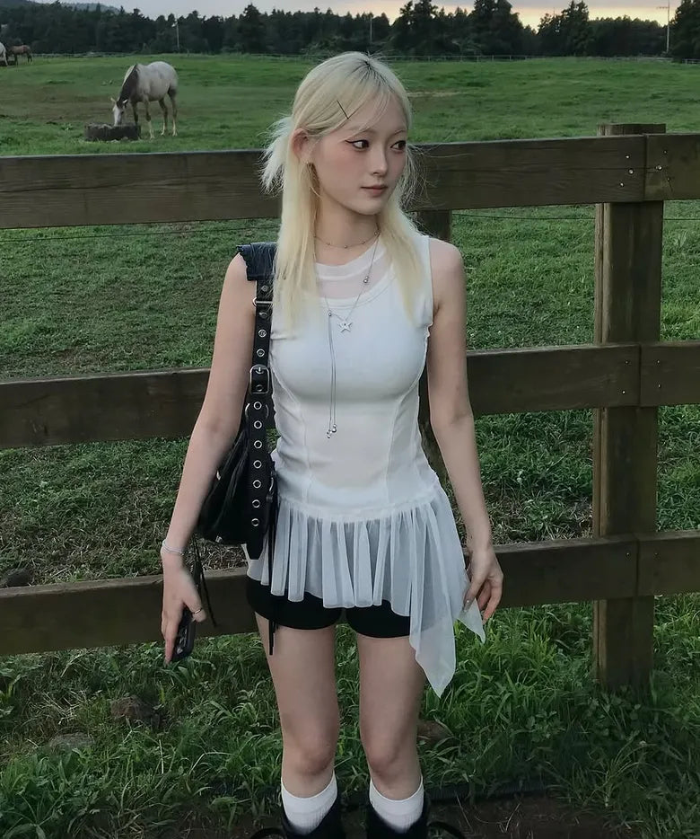 【Flare up】Layered Lace Frill Sleeveless - 3 colors