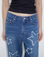 【Polysooem】FRAYED STAR PATCHED JEANS - BLUE