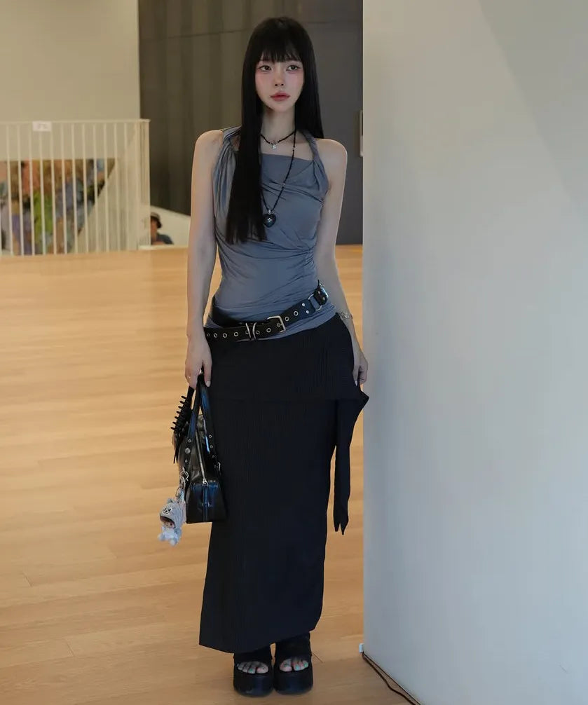 【Flare up】Braided Asymmetrical Sleeveless [Black / White / Gray]