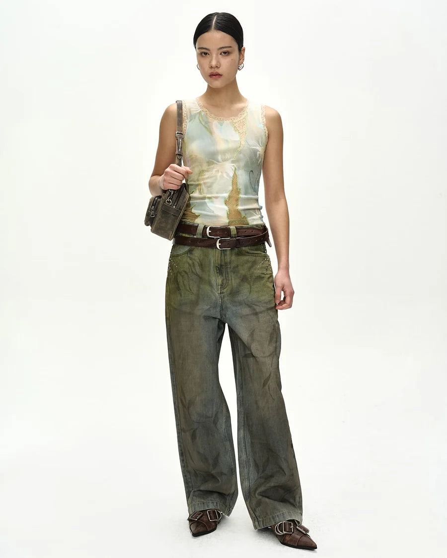 【ADSB】FISH & BUTTERFLY LACE EMBROIDERED TANK TOP