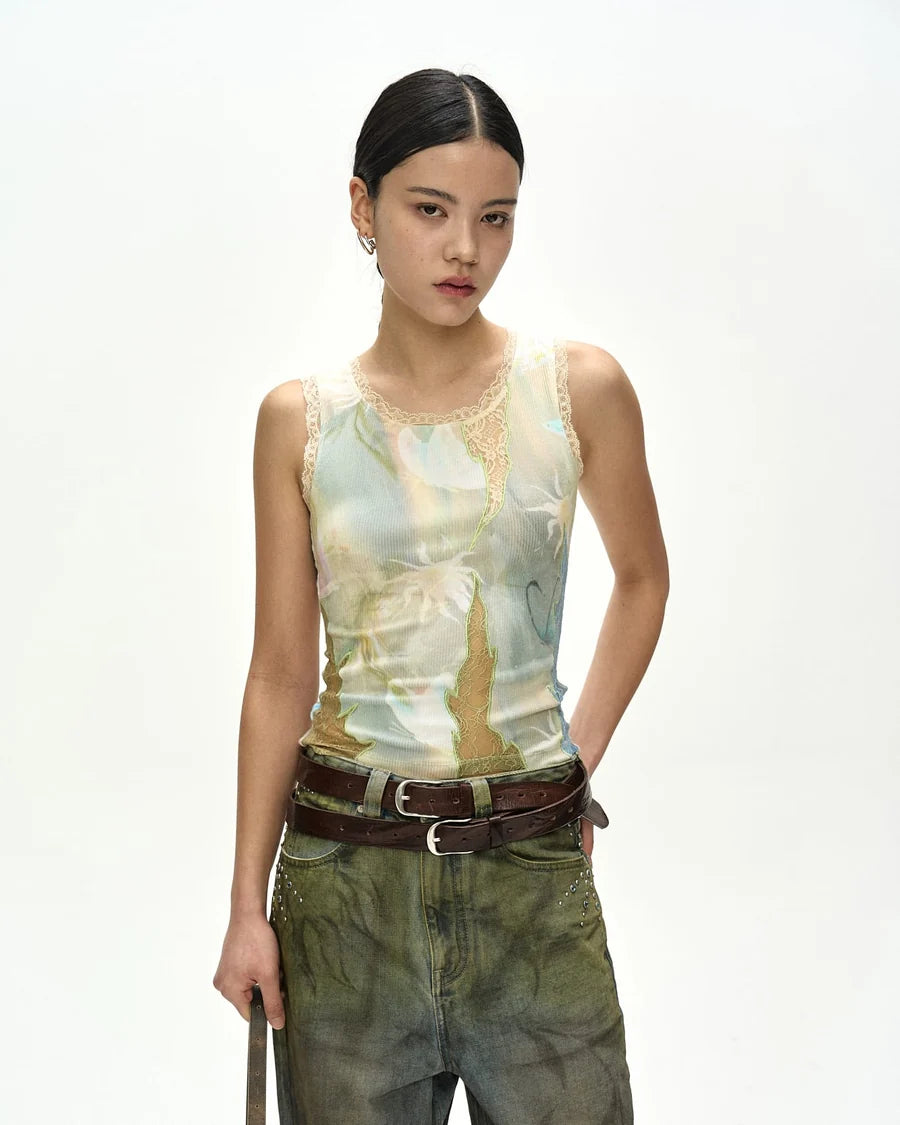 【ADSB】FISH & BUTTERFLY LACE EMBROIDERED TANK TOP