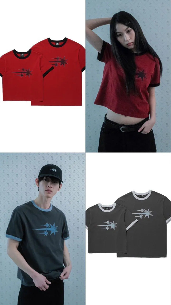 【niceghostclub】  vintage 3star basic ringer tee [ burgundy / charcoal ]