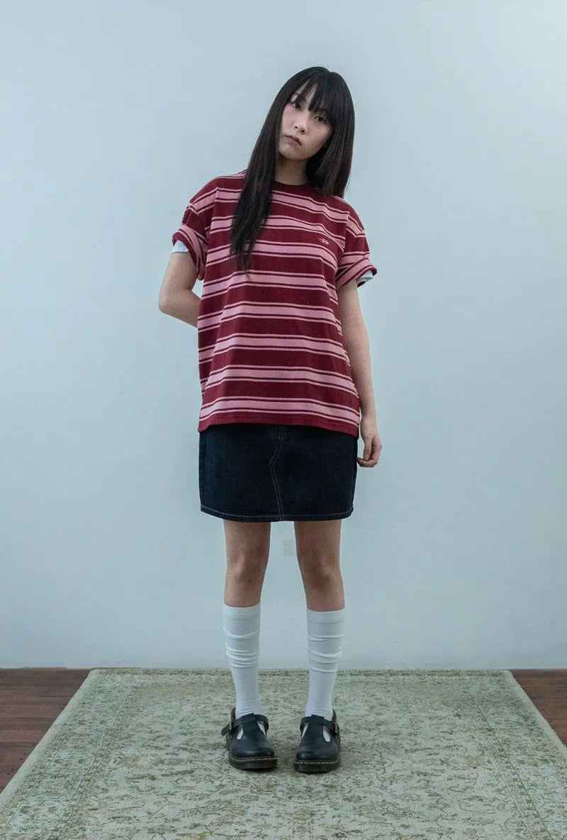 【niceghostclub】  multi stripe 3star tee [ red / navy ]