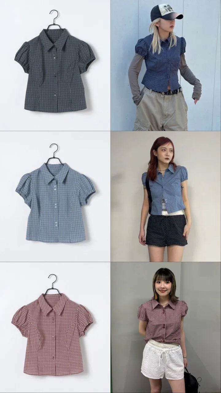 【JEANASIS x 25quee】格子澎澎短袖襯衫 - 3 colors