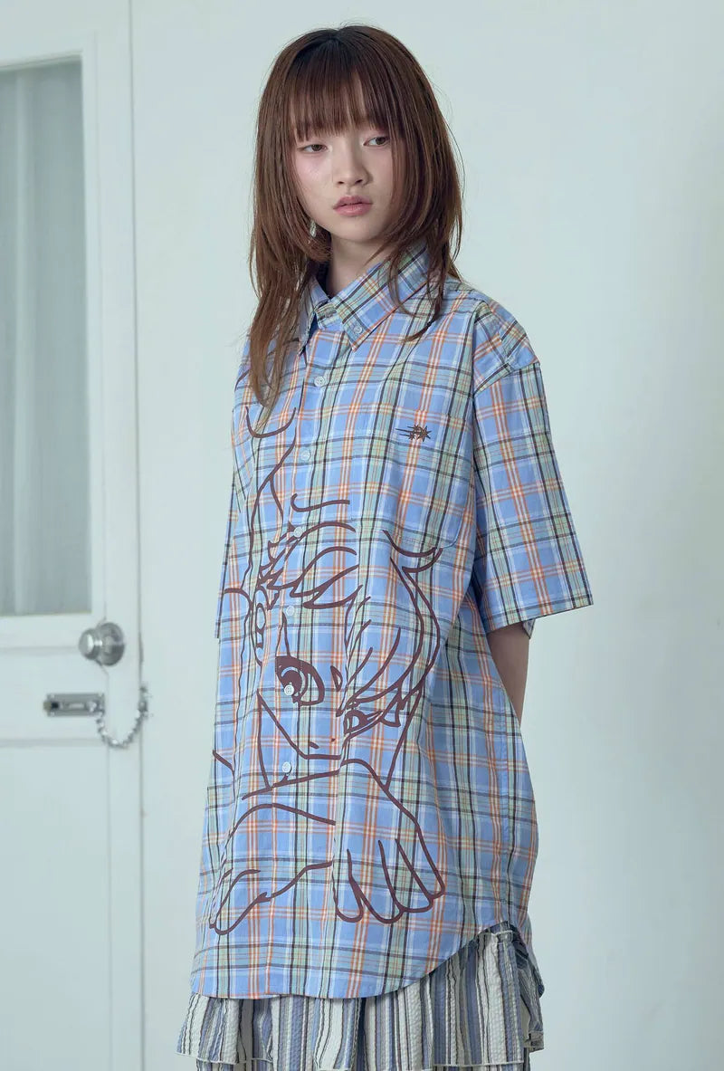 【niceghostclub】angel check big big half shirt [ blue / pink ]