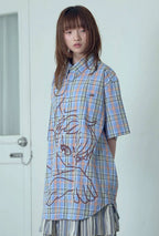 【niceghostclub】angel check big big half shirt [ blue / pink ]